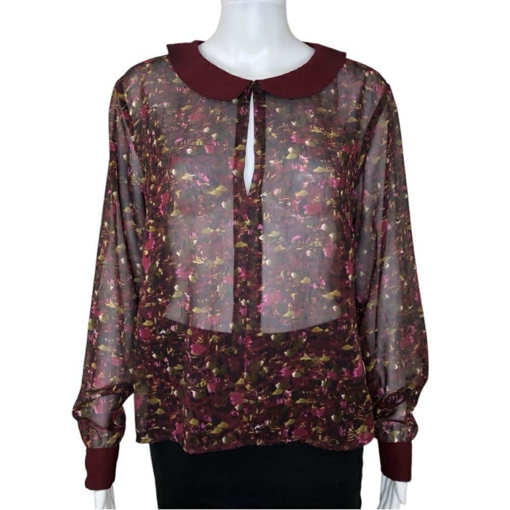 W118 by Walter Baker Women’s Red Print Sheer Long Sleeve Button Back Top Size M